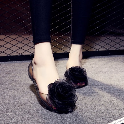 韩国新款果冻凉鞋夏女平底大花朵中空露趾透明水晶塑料平跟凉拖鞋