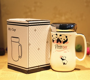 创意带盖陶瓷马克杯大容量可爱熊猫办公水杯牛奶咖啡杯情侣水杯子