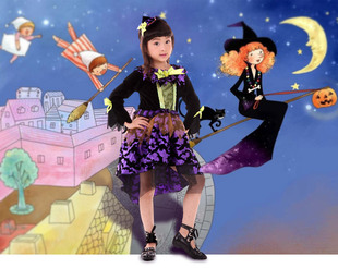 新款儿童万圣节演出服饰cosplay派对巫女表演服装巫婆服装公主裙