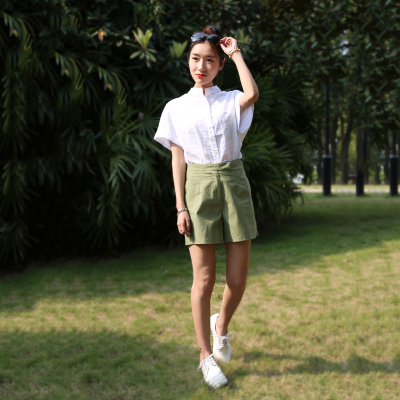 韩版棉麻小清新条纹短袖立领白衬衫+高腰阔腿短裤休闲两件套女夏