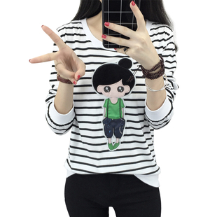 【天天特价】韩版秋装卡通黑白条纹t恤女长袖打底衫宽松学生上衣