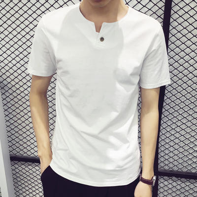 夏季男士短袖t恤男v领韩版修身青少年纯白色衣服男装短袖体恤男潮