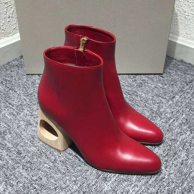 欧美女靴春秋单靴2016新款潮裸靴红色冬季高跟鞋粗跟尖头短靴女