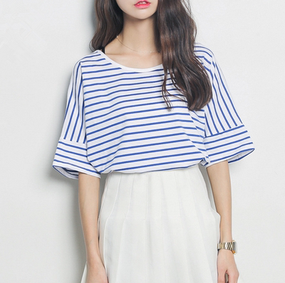 2016夏装新款韩版女装 宽松上衣短袖t恤女纯棉复古文艺条纹体恤衫