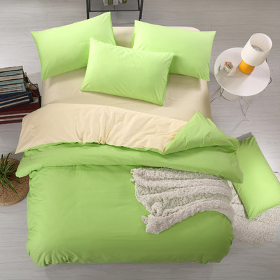 床上全棉简约纯色四件套1.8m床纯棉素色双拼AB版2.0米黄绿色被套4