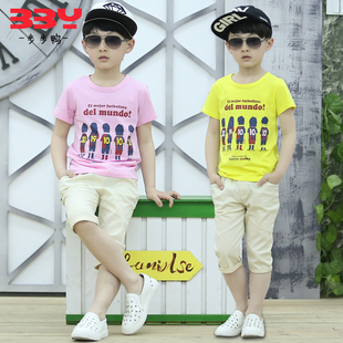 童装夏季2016新款 韩版短袖T恤校园男童夏装套装中大童儿童两件套