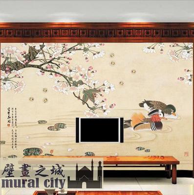 国画鸳鸯戏水图墙纸中式古典水墨画大型壁画壁纸酒店客厅背景墙