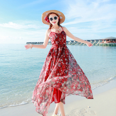 2016波西米亚新款长裙吊带雪纺印花沙滩裙夏海边度假复古中长款裙