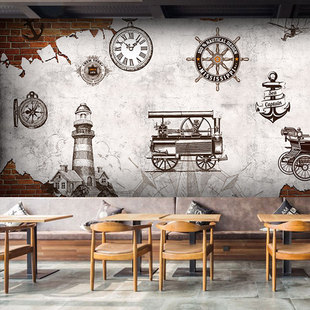 欧式地中海复古英伦风墙纸砖纹西餐厅酒吧怀旧咖啡奶茶店海盗壁纸