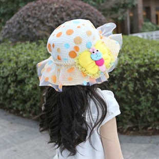 女童遮阳帽逛街出游防晒儿童草帽女孩沙滩帽子可爱蜻蜓图案网纱帽