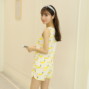 小清新夏季少女学生香蕉无袖短裤两件套装韩版可爱卡通睡衣家居服