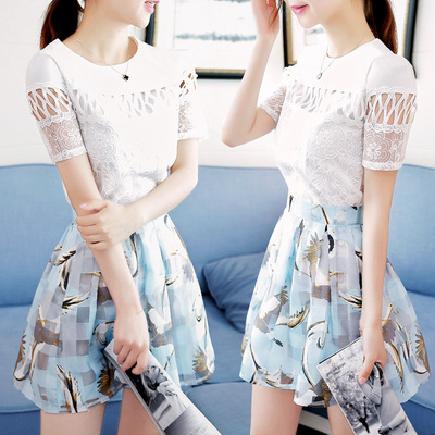 夏季短袖短裙套装女小清新韩版显瘦印花雪纺半身蓬蓬裙两件套裙子
