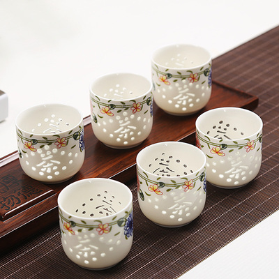青花水晶玲珑瓷大号镂空茶杯子陶瓷功夫茶具个人家用餐馆单杯水杯