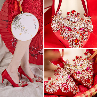 水钻中式婚鞋女红色防水台新娘鞋高跟鞋民族风秀禾单鞋细跟伴娘鞋