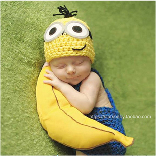 手工毛线编织婴儿拍照服装/新生儿卡通毛衣套装/宝宝小黄人造型
