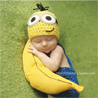 手工毛线编织婴儿拍照服装/新生儿卡通毛衣套装/宝宝小黄人造型