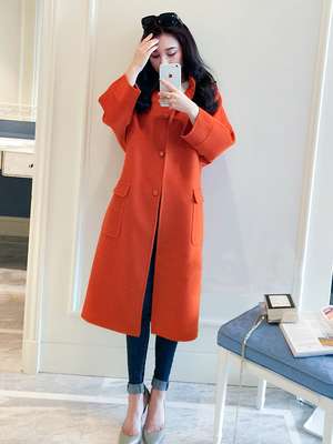 高端定制橘红色韩版简约气质手工双面羊绒大衣中长款毛呢外套女