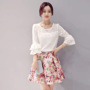 2016秋季韩版新款印花连衣裙七分袖上衣半身裙套装甜美学生两件套
