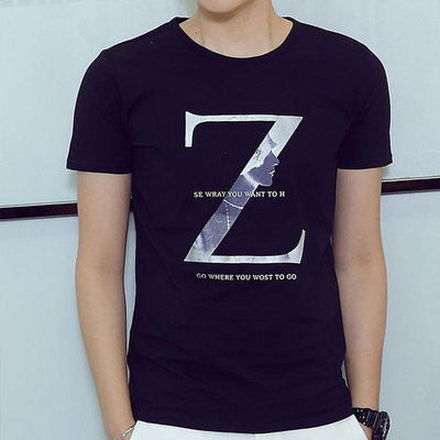 夏季新款韩版修身男潮时尚个性字母印花男士修身纯棉圆领半袖T恤