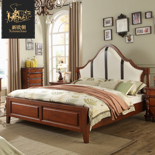 小美式皮艺双人床全实木床美式床欧式床双人 小户型卧室实木家具