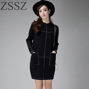 ZSSZ秋冬新款韩版针织连衣裙纯色修身大码中长款长袖打底羊毛衫潮