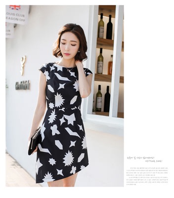 2016夏季新款女装韩版气质印花短裙子黑色修身显瘦短袖雪纺连衣裙