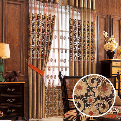 窗帘现代中式复古风格雪尼尔镂空绣花定制客厅卧室窗帘纱帘布成品