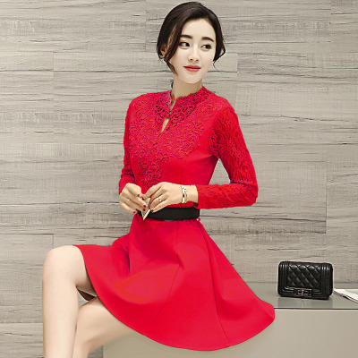 2016秋装新款韩版刺绣连衣裙针织蕾丝长袖大摆收腰时尚气质潮流裙