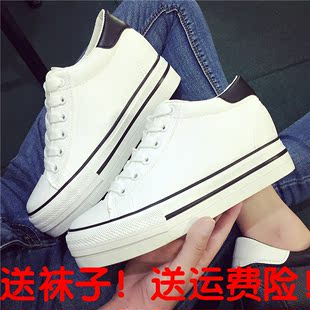 2016秋季内增高韩版皮面低帮厚底小白鞋帆布鞋女学院风学生单鞋