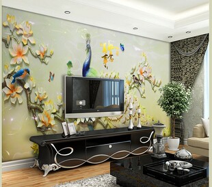 5D凹凸现代中式壁画玉兰孔雀无缝浮雕无缝壁纸客厅电视背景墙纸