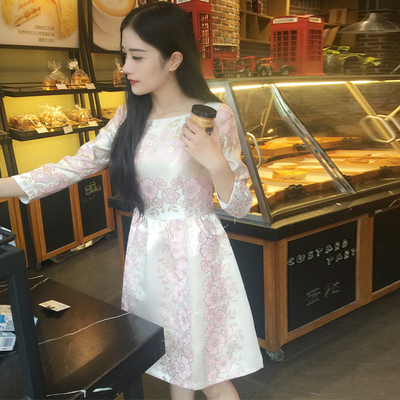 秋季的连衣裙2016新款韩版提花女装高腰修身显瘦刺绣七分袖蓬蓬裙