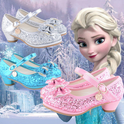 新款夏季艾莎公主鞋灰姑娘水晶亮片蓝粉银色高跟凉鞋女童春秋皮鞋