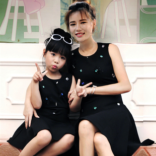 亲子装母女装秋装黑色时装连衣裙子手工韩版时尚收腰显瘦2016新款