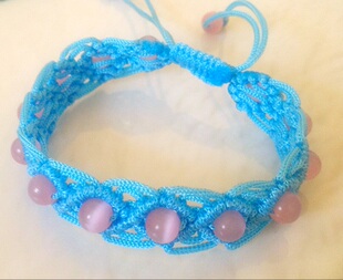 纯手工编织手链，猫眼珠手链，粉色水晶手链送女友，情人节礼物