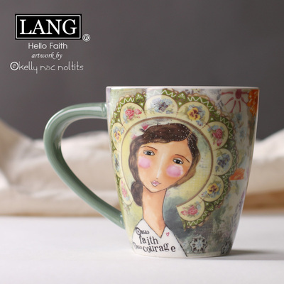 美国LANG 信念陶瓷大容量马克杯子 复古插画水杯咖啡杯 墨绿色