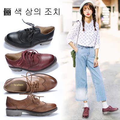春季韩版文艺复古英伦风女系带圆头布洛克单鞋中跟小皮鞋学院风潮