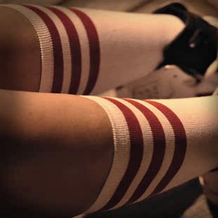 复古条杠袜子高帮休闲韩国条纹女袜纯棉运动棒球袜原宿堆堆袜套