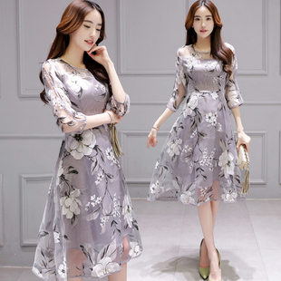 2016夏装新款韩版修身时尚显瘦七分袖圆领印花欧根纱中长款连衣裙