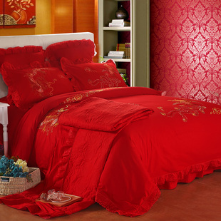 蕾丝绣花婚庆四件套床单式六件套床盖款古典中式结婚用大红四件套