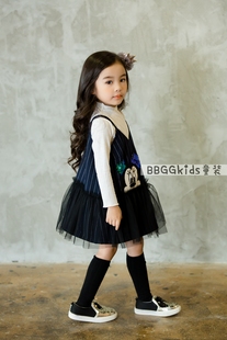 BBGGKIDS 韩国童装2016秋女童米奇图案吊带连衣裙 儿童条纹背心裙