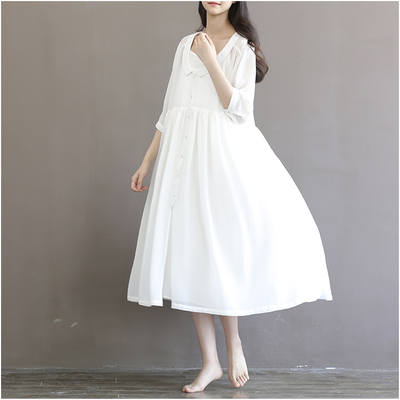 韩版公主裙2016夏新款森女纯色白色宽松大码海边沙滩雪纺连衣裙女