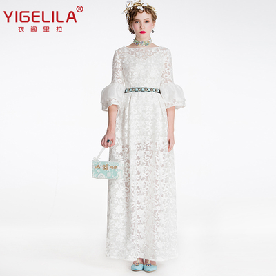春夏季写真服装公主礼服裙修身纯白色长裙镂空立体挺廓中袖连衣裙