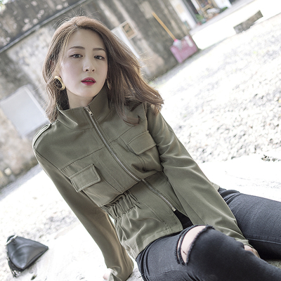 军绿色韩版修身夹克外套秋季长袖薄款收腰上衣显瘦女生短款工装