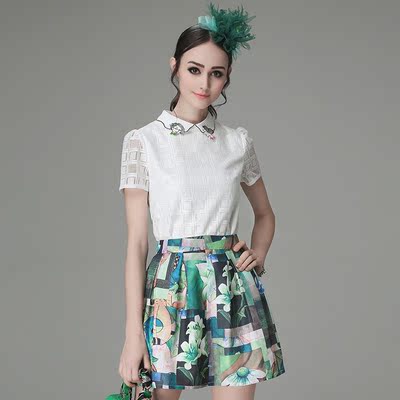 韩版品牌两件套时尚潮流套装女2016夏季新款蕾丝小衫+印花半身裙
