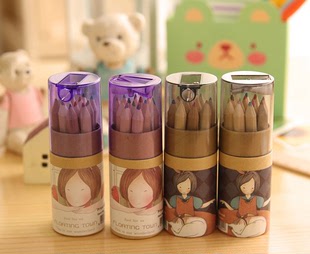 韩版可爱浮游女孩12色小铅笔绘画笔筒装12支涂色笔学生彩色笔铅笔