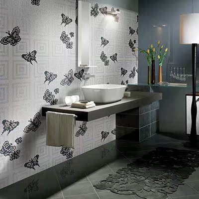 蝴蝶 玻璃艺术白色马赛克瓷砖卫生间拼图背景墙 自粘墙贴装修材料