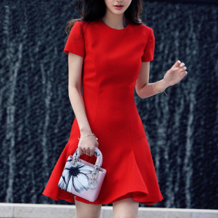 红裙子2016女装明星同款潮荷叶边包臂裙大红色连衣裙公主裙礼服女