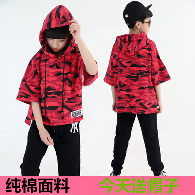 新嘻哈少儿童街舞演出服装男童爵士舞蹈套装红迷彩宽松卫衣韩版潮